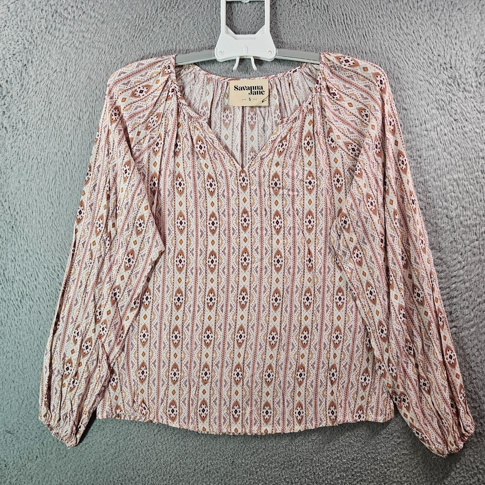 NEW Savanna Jane Top Blouse Women Small Geometric Print V-Neck Long Sleeve